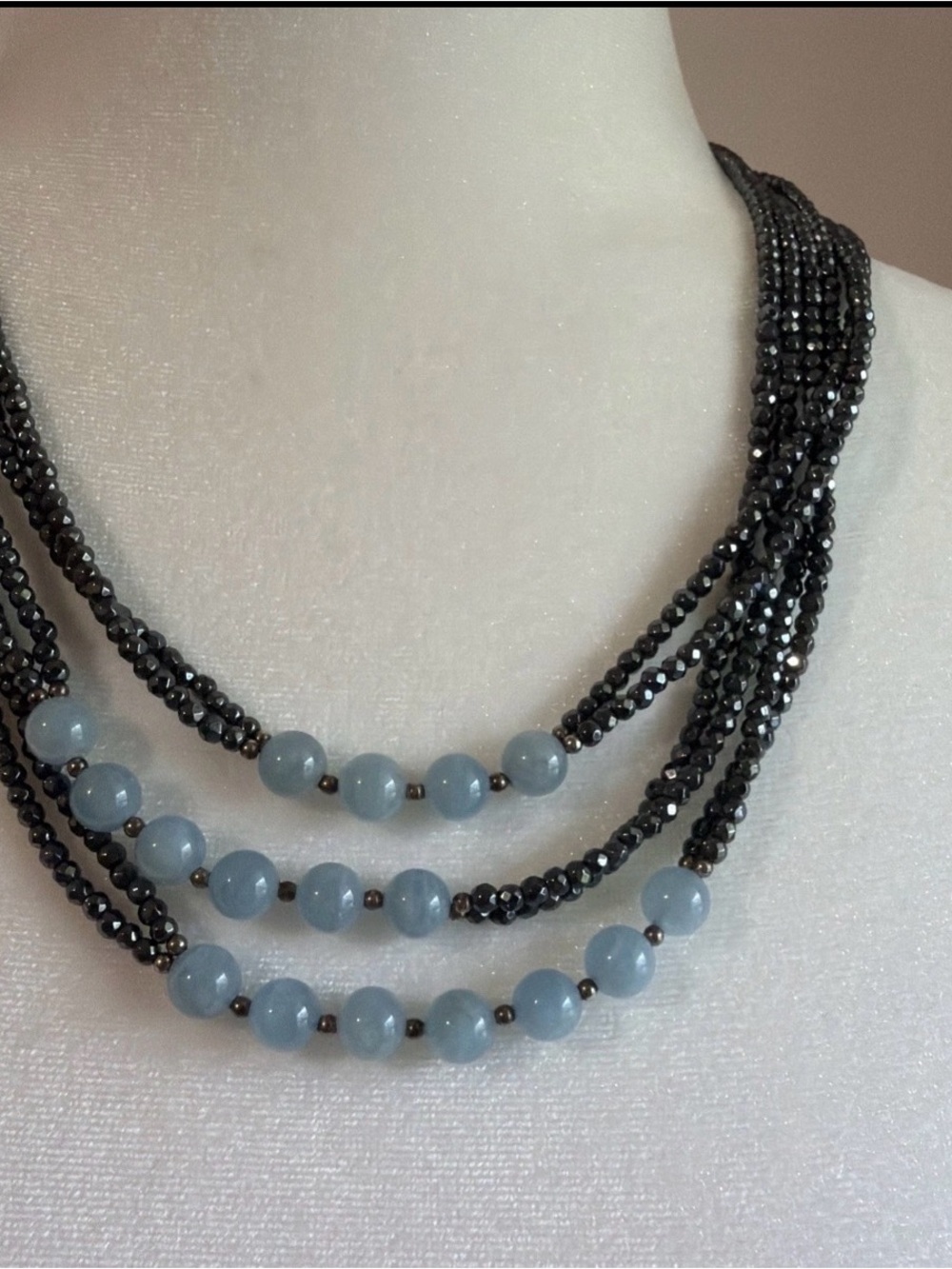 :VTG Stunning Multi-Strand Blue Quartz & Faceted Hematite Statement Necklace